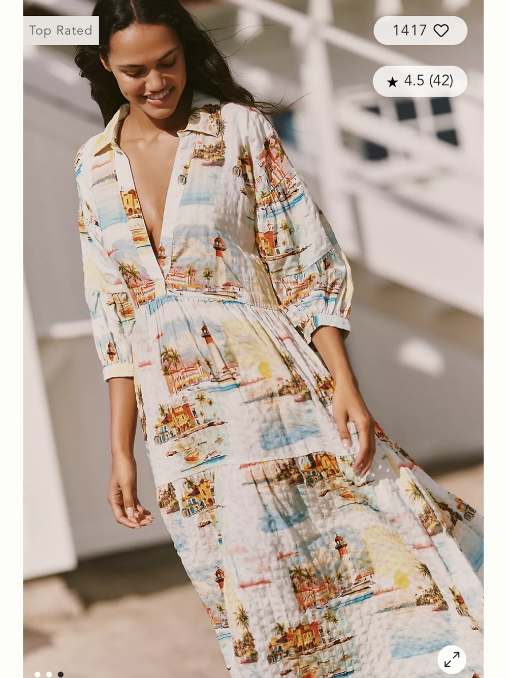 Anthropologie Cream Maxi Cover-Up Dress with Coastal Print